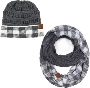 ScarvesMe 2pc Women's Winter Warm Buffalo Plaid Check Knitted Beanie and Infinity Loop Scarves Matching Set