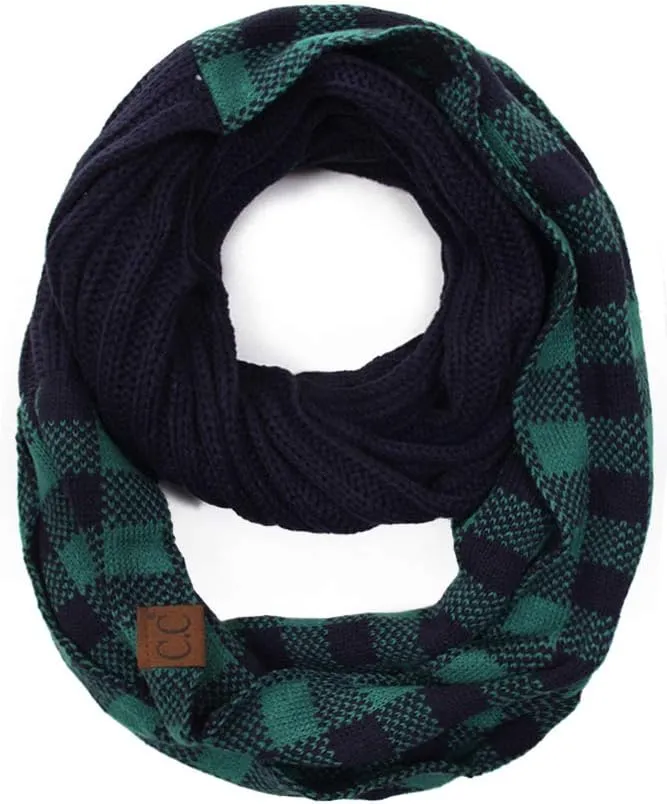 ScarvesMe 2pc Women's Winter Warm Buffalo Plaid Check Knitted Beanie and Infinity Loop Scarves Matching Set