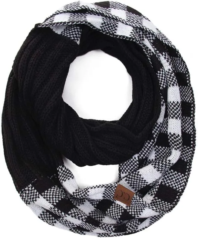 ScarvesMe 2pc Women's Winter Warm Buffalo Plaid Check Knitted Beanie and Infinity Loop Scarves Matching Set