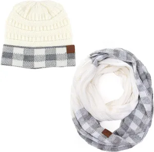 ScarvesMe 2pc Women's Winter Warm Buffalo Plaid Check Knitted Beanie and Infinity Loop Scarves Matching Set