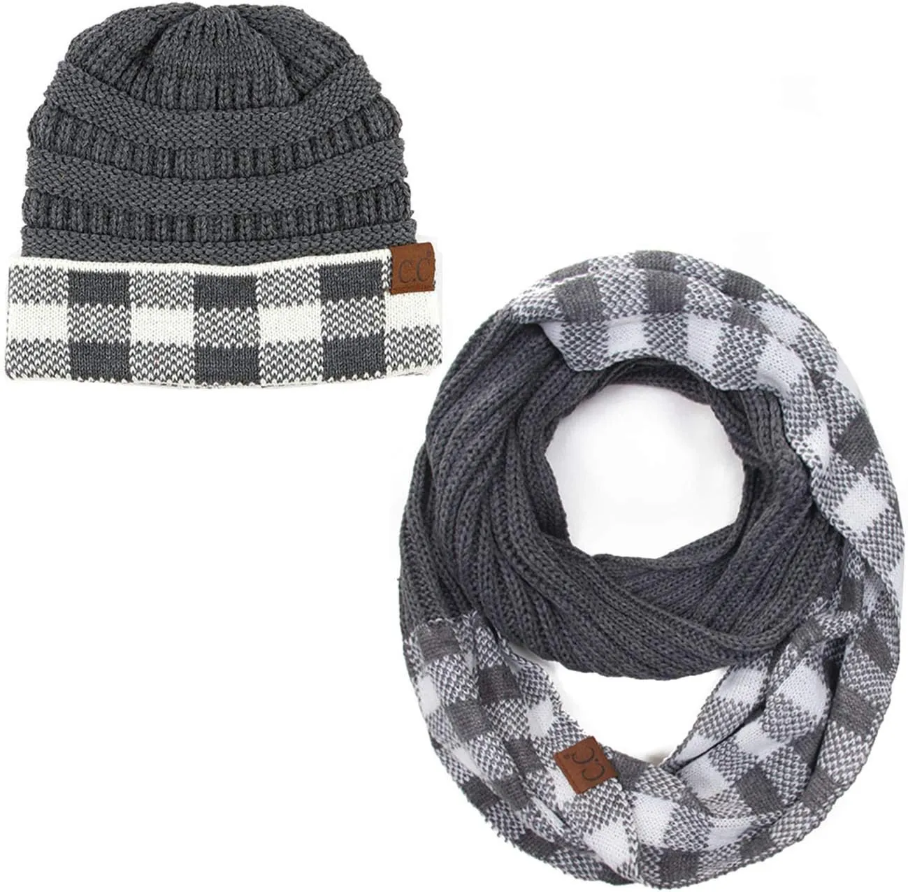 ScarvesMe 2pc Women's Winter Warm Buffalo Plaid Check Knitted Beanie and Infinity Loop Scarves Matching Set