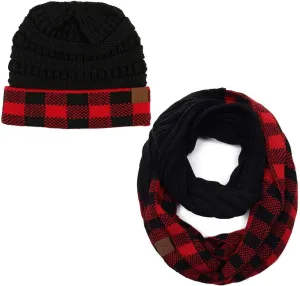 ScarvesMe 2pc Women's Winter Warm Buffalo Plaid Check Knitted Beanie and Infinity Loop Scarves Matching Set