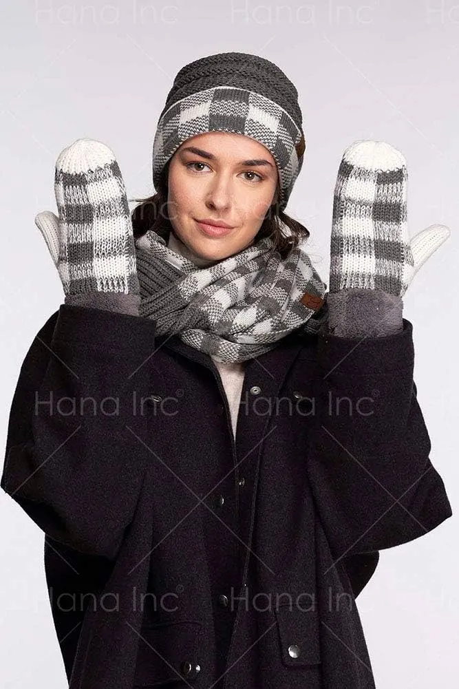 ScarvesMe 2pc Women's Winter Warm Buffalo Plaid Check Knitted Beanie and Infinity Loop Scarves Matching Set