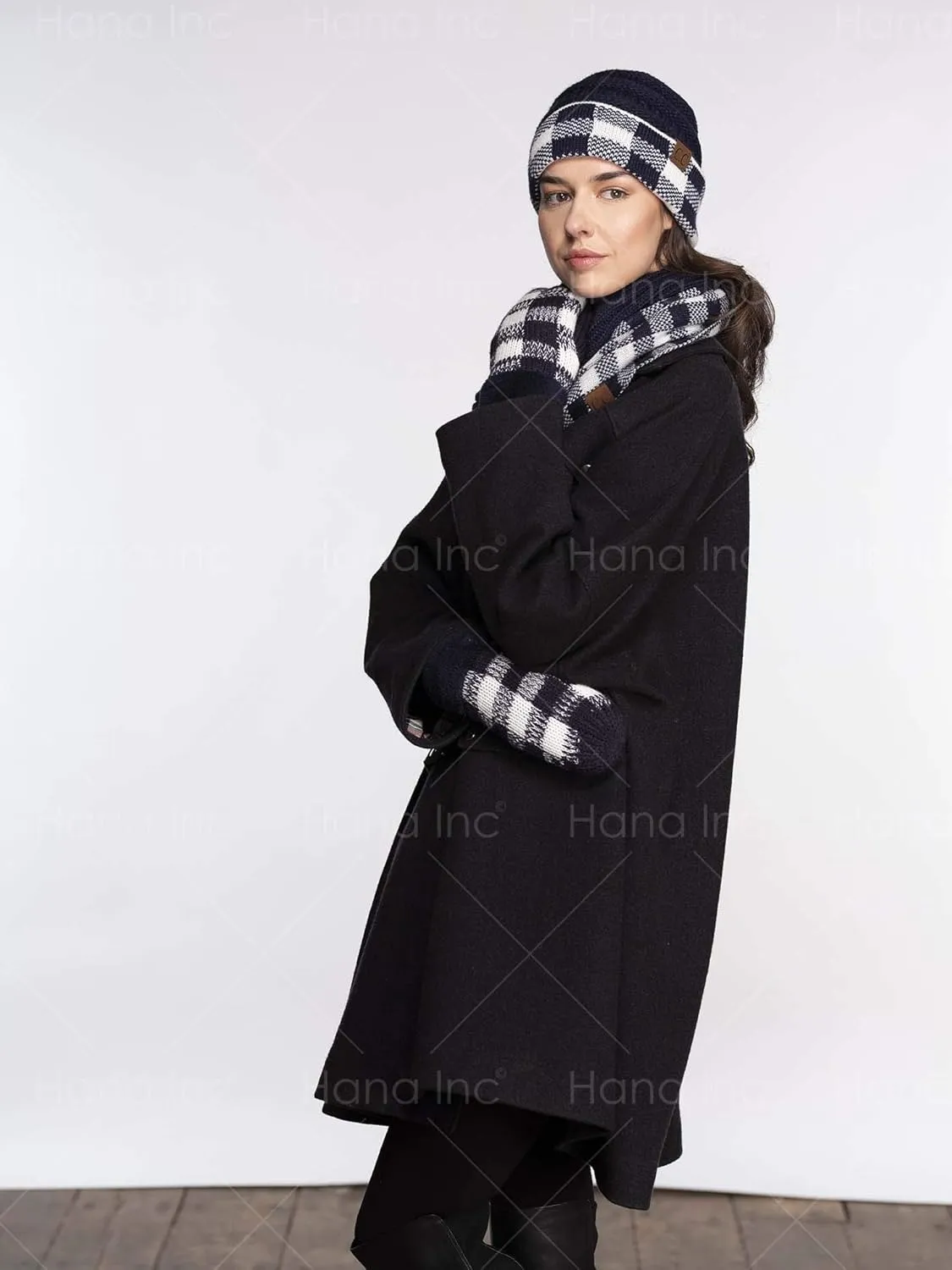 ScarvesMe 2pc Women's Winter Warm Buffalo Plaid Check Knitted Beanie and Infinity Loop Scarves Matching Set