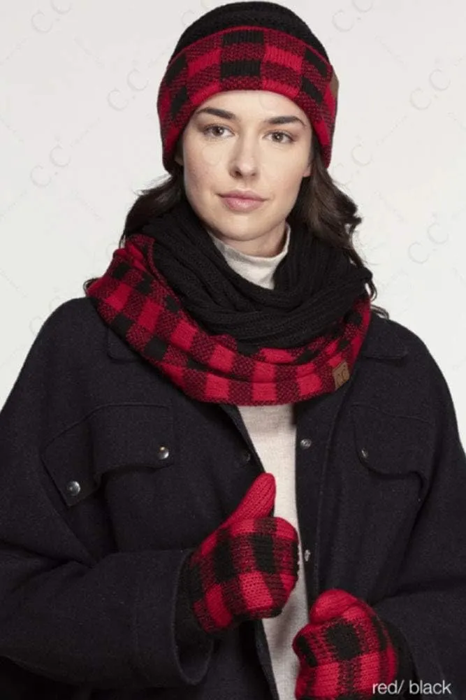 ScarvesMe 2pc Women's Winter Warm Buffalo Plaid Check Knitted Beanie and Infinity Loop Scarves Matching Set