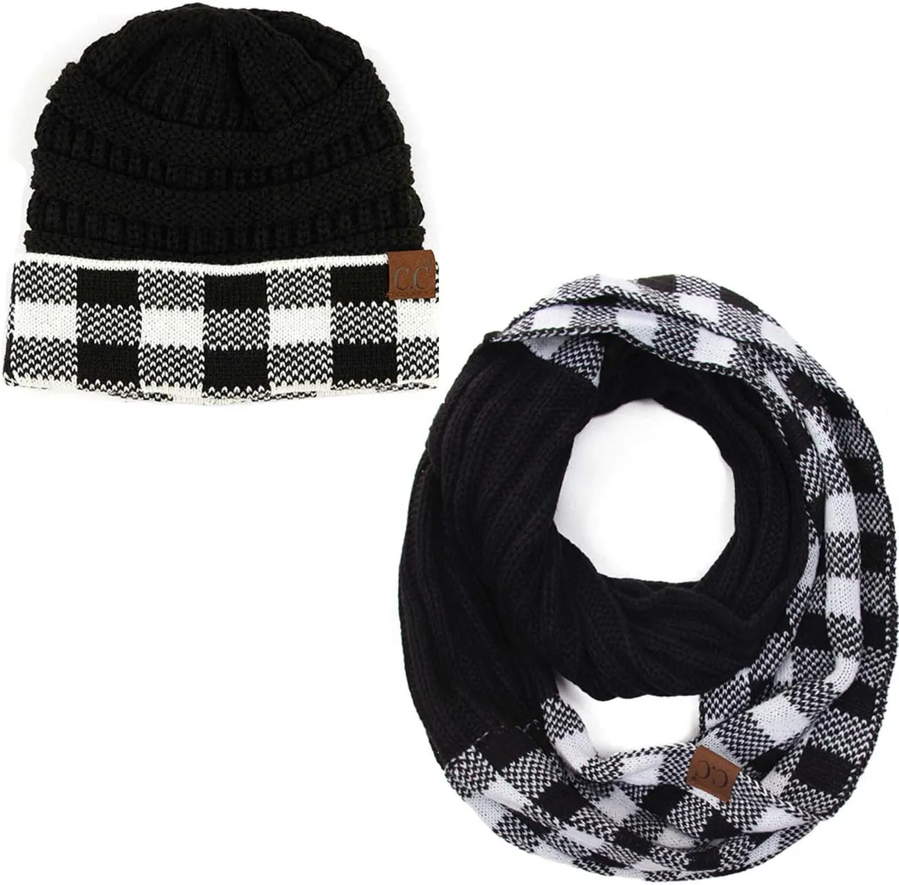 ScarvesMe 2pc Women's Winter Warm Buffalo Plaid Check Knitted Beanie and Infinity Loop Scarves Matching Set