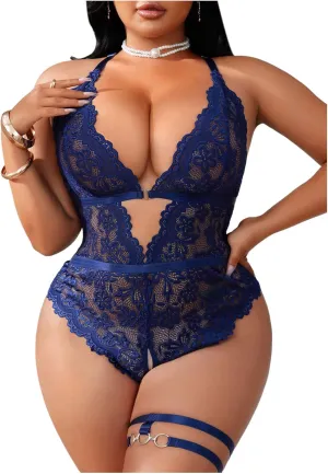 SOLY HUX Women's Plus Size Lace Lingerie Set Deep V Neck Teddy Bodysuit Babydoll Nightwear with Leg Ring