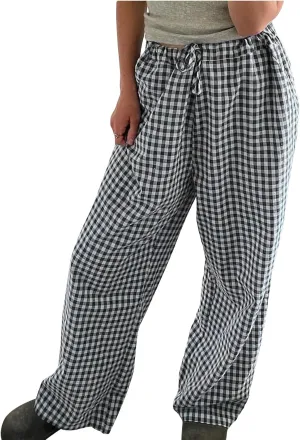Striped Lounge Pants Womens Plaid Checkered Wide Leg Pajama Pj Pants Y2k Comfy Linen Drawstring Gingham Sleep Pants