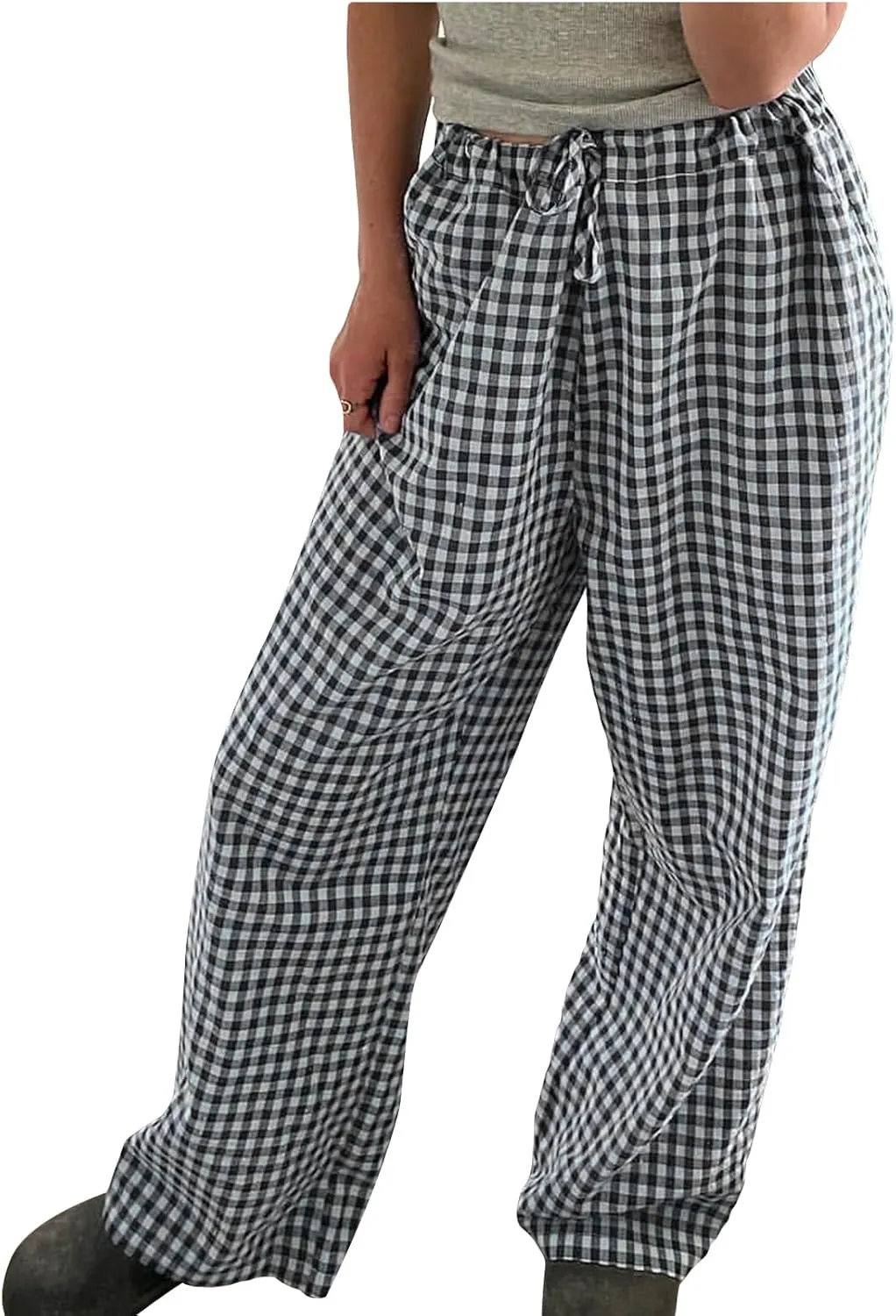 Striped Lounge Pants Womens Plaid Checkered Wide Leg Pajama Pj Pants Y2k Comfy Linen Drawstring Gingham Sleep Pants