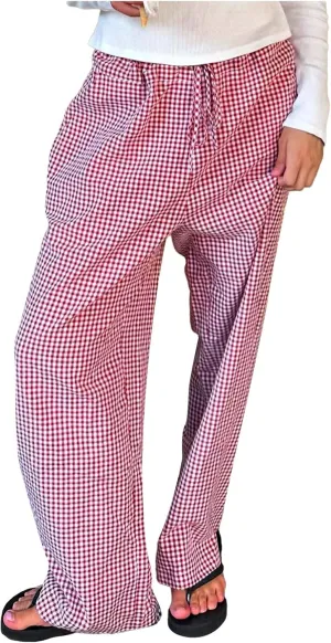 Striped Lounge Pants Womens Plaid Checkered Wide Leg Pajama Pj Pants Y2k Comfy Linen Drawstring Gingham Sleep Pants