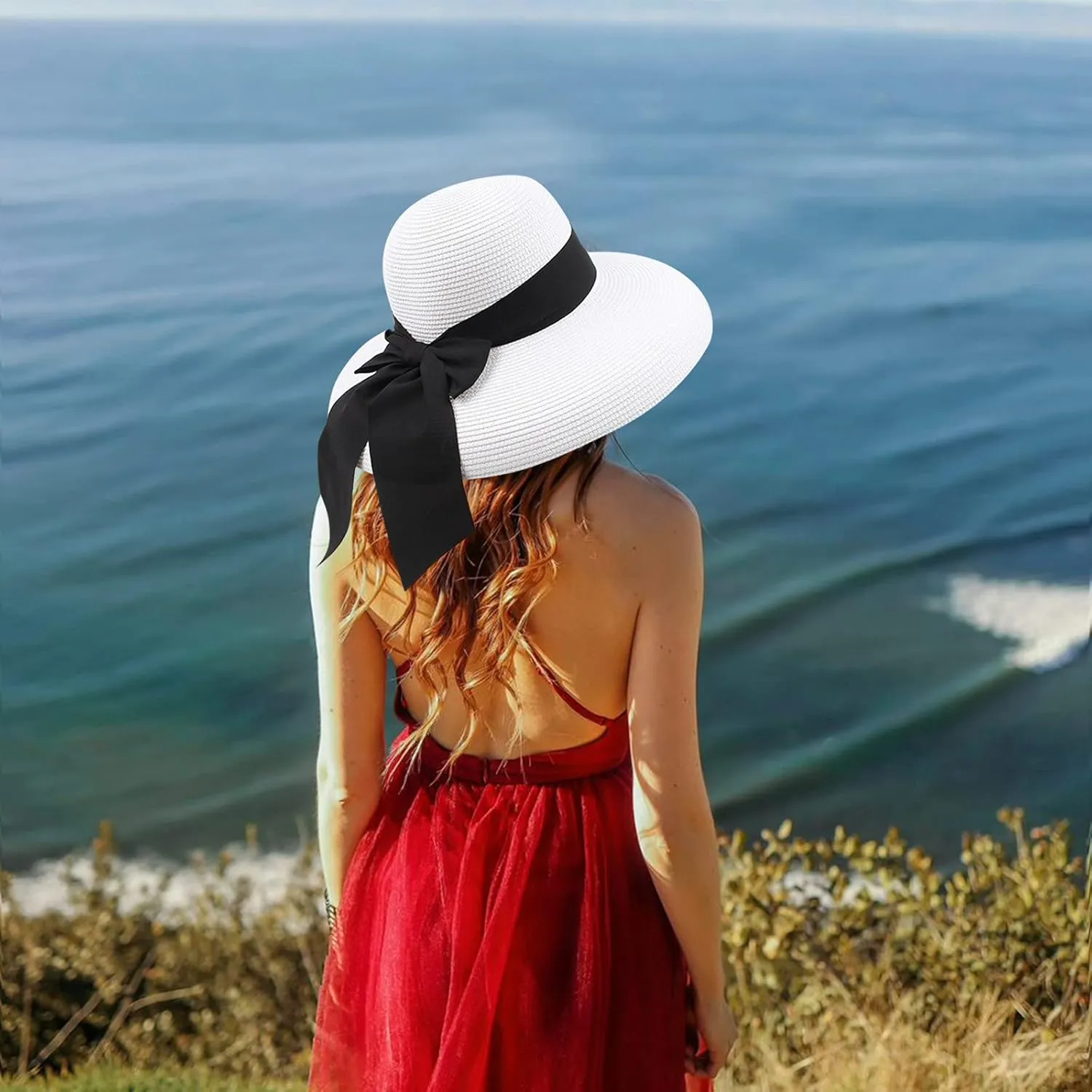 Sun Visors for Women Beach Foldable Wide Brim Retro Fedora Floppy Beach Hat Straw Fedora Hats for Women