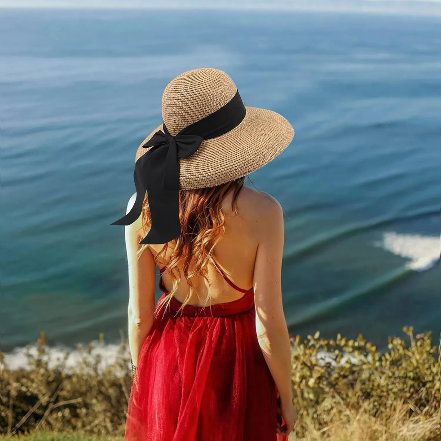 Sun Visors for Women Beach Foldable Wide Brim Retro Fedora Floppy Beach Hat Straw Fedora Hats for Women