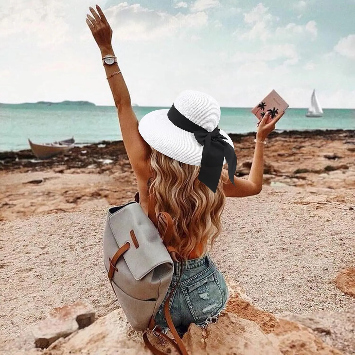 Sun Visors for Women Beach Foldable Wide Brim Retro Fedora Floppy Beach Hat Straw Fedora Hats for Women