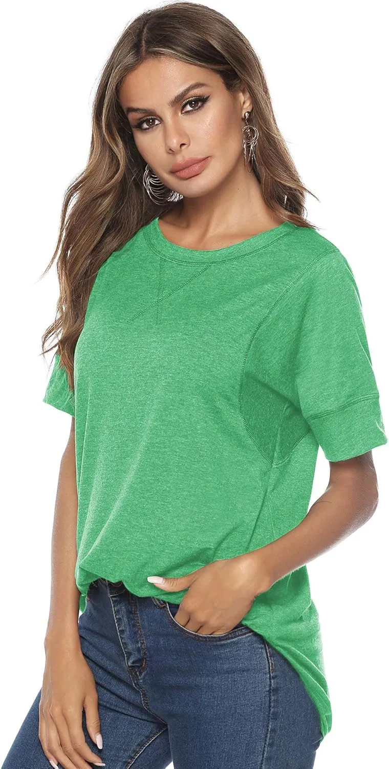 T Shirts for Womens Loose Fit Short Sleeve Casual Tops Cotton Ladies Tshirts Pullover Tees Crew Neck Side Split Tops