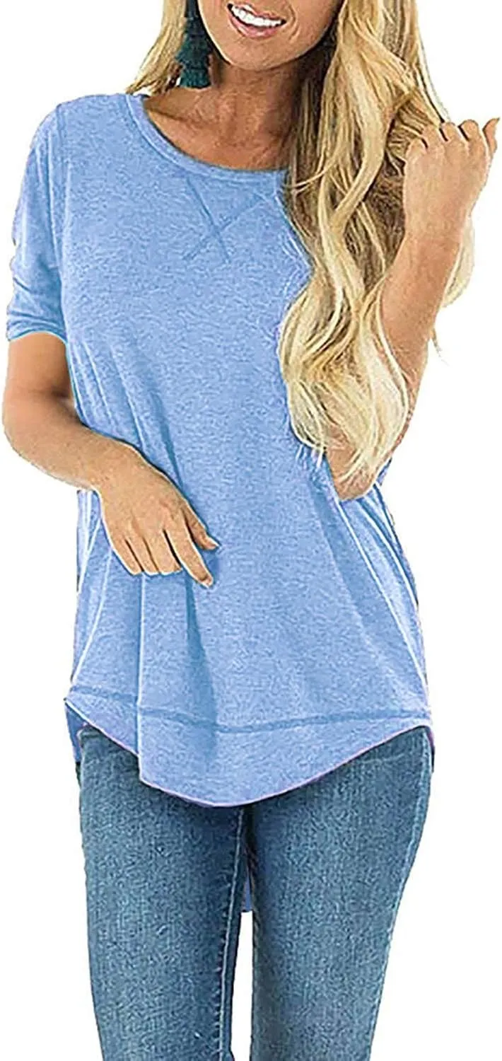 T Shirts for Womens Loose Fit Short Sleeve Casual Tops Cotton Ladies Tshirts Pullover Tees Crew Neck Side Split Tops