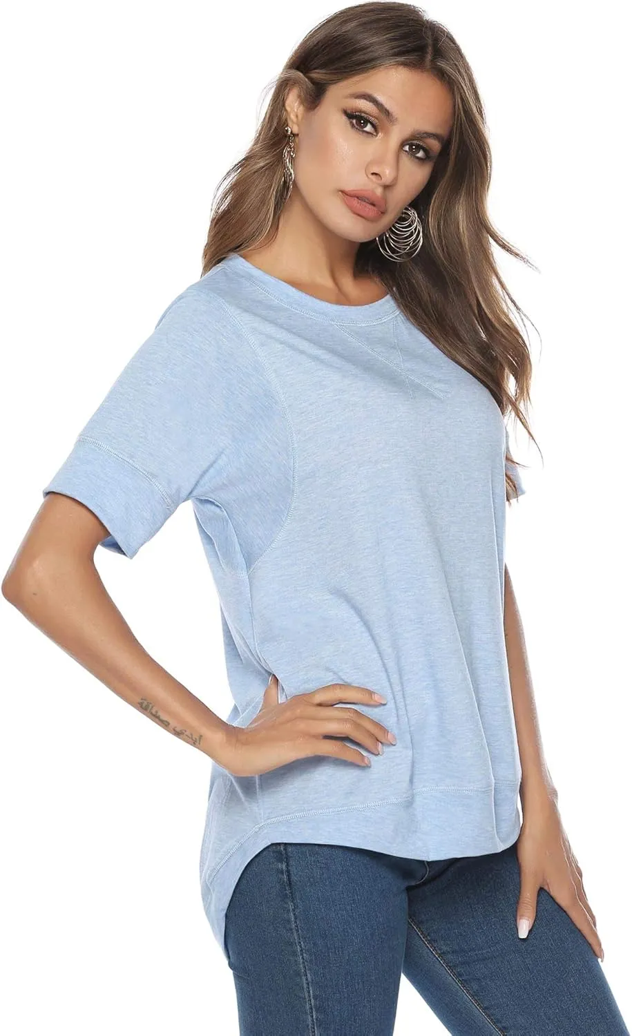 T Shirts for Womens Loose Fit Short Sleeve Casual Tops Cotton Ladies Tshirts Pullover Tees Crew Neck Side Split Tops