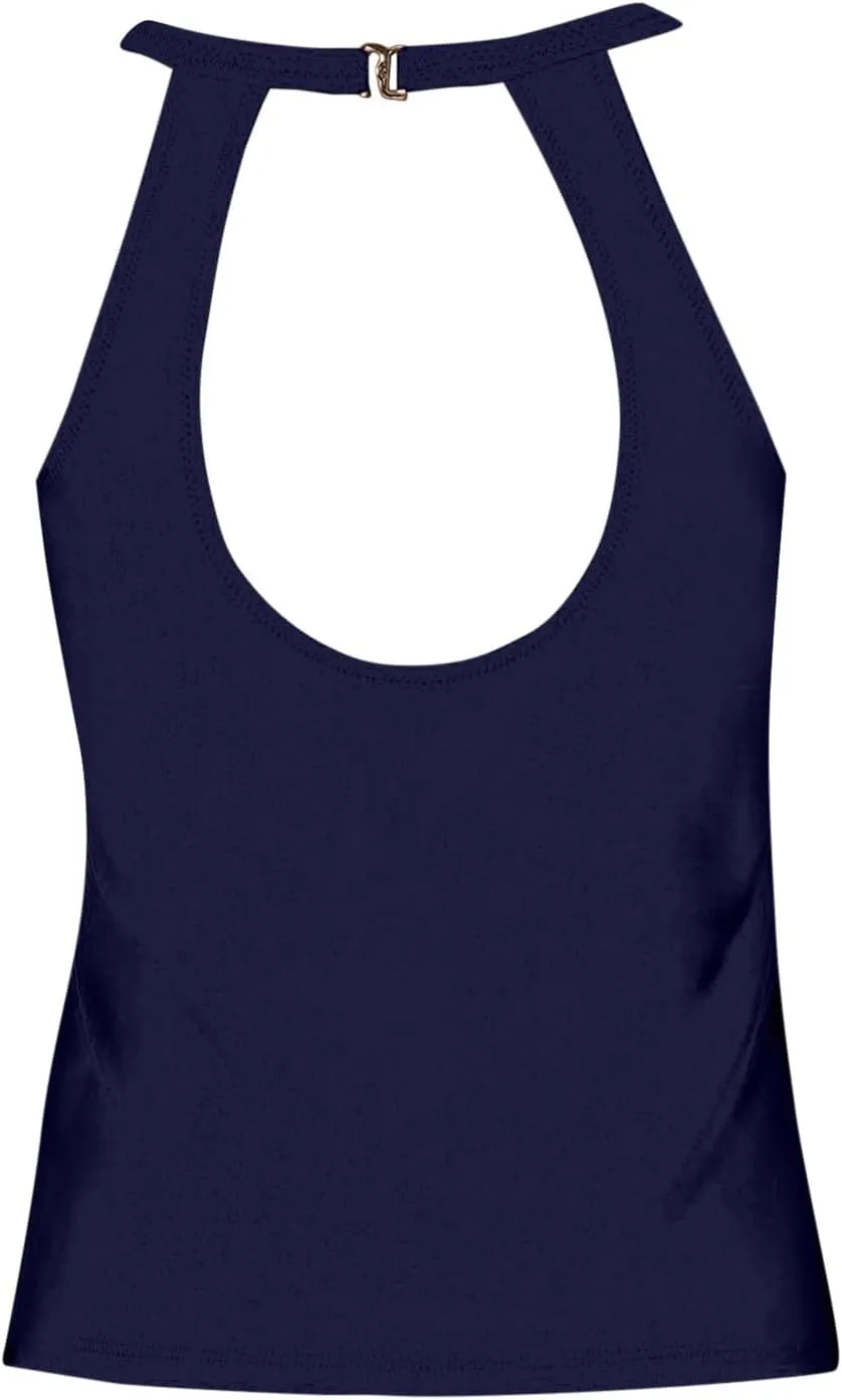 Tankini Tops for Women High Neck Backless Bathing Suit Tops Tummy Control Swimsuit Top Slimming Cut Out Swimming Top