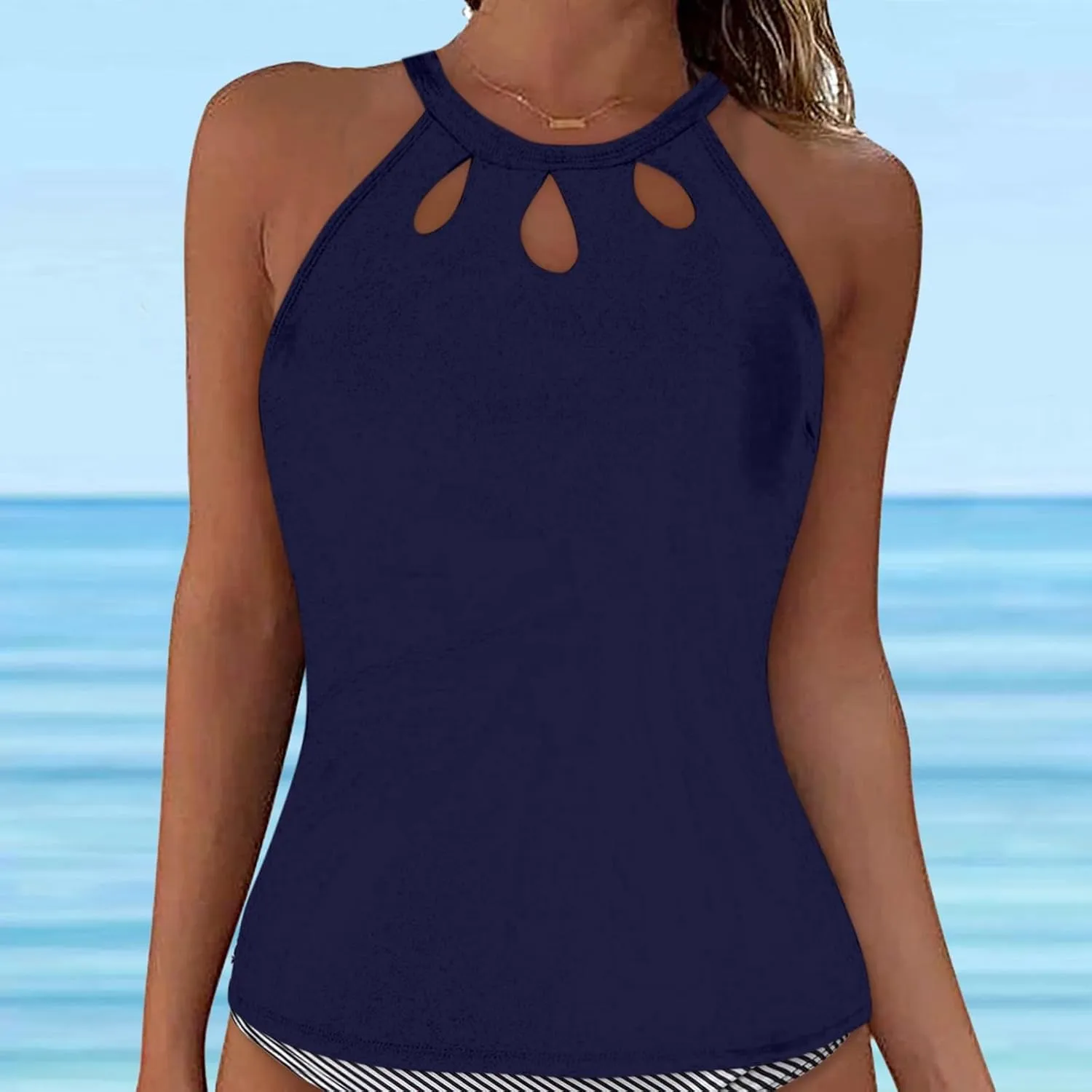 Tankini Tops for Women High Neck Backless Bathing Suit Tops Tummy Control Swimsuit Top Slimming Cut Out Swimming Top
