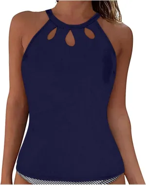 Tankini Tops for Women High Neck Backless Bathing Suit Tops Tummy Control Swimsuit Top Slimming Cut Out Swimming Top