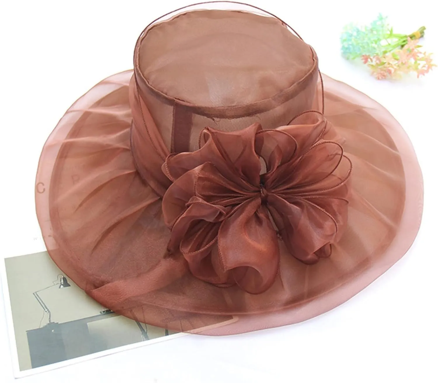 Tea Hats for Women Derby Fascinators Church Garden Party Easter Outfits Wide Brim Organza Leaf Flower Summer Hat