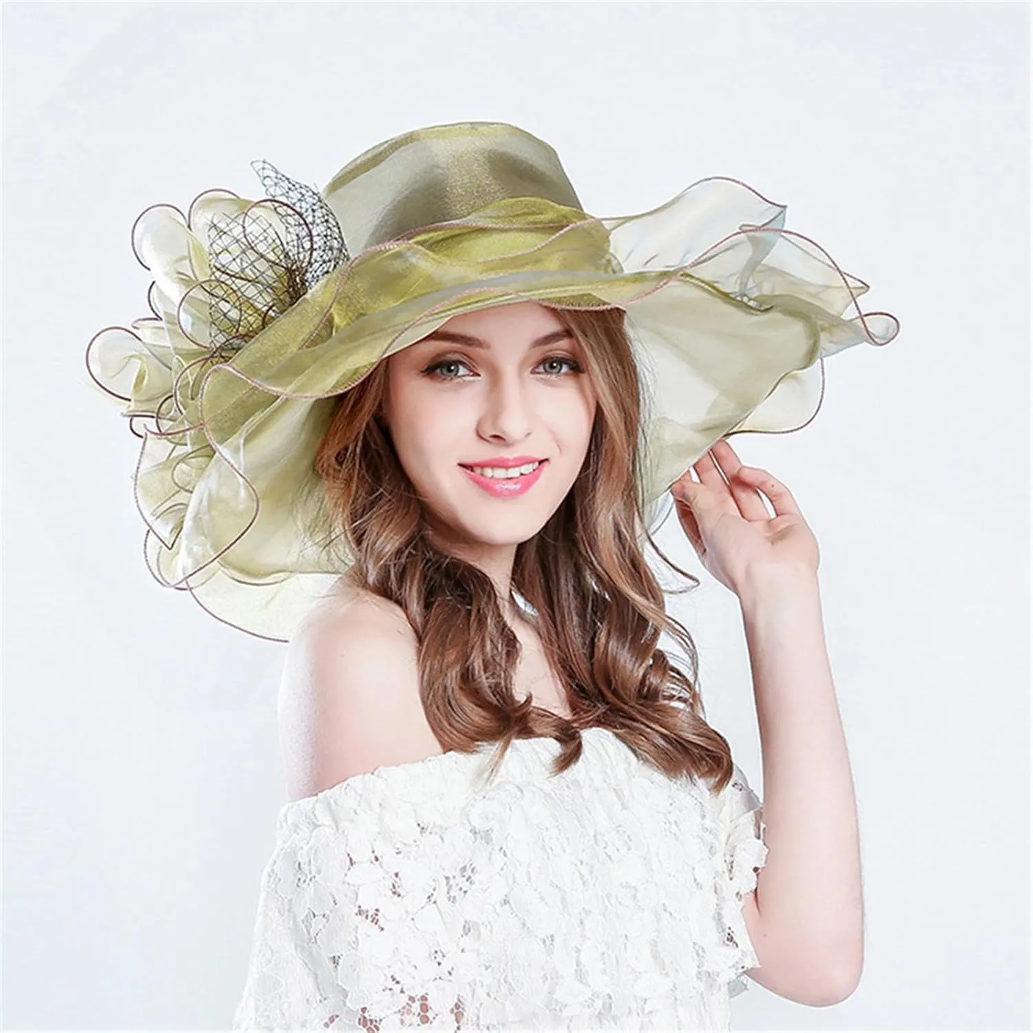 Tea Party Accessories for Women Wide Brim Flower Fascinator Hats Summer Ruffles Cap Sun Bowler