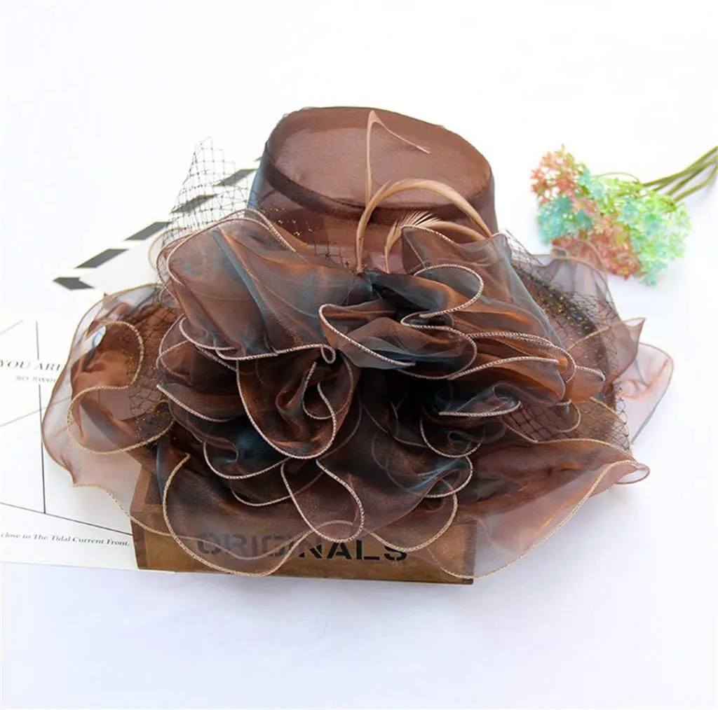 Tea Party Accessories for Women Wide Brim Flower Fascinator Hats Summer Ruffles Cap Sun Bowler