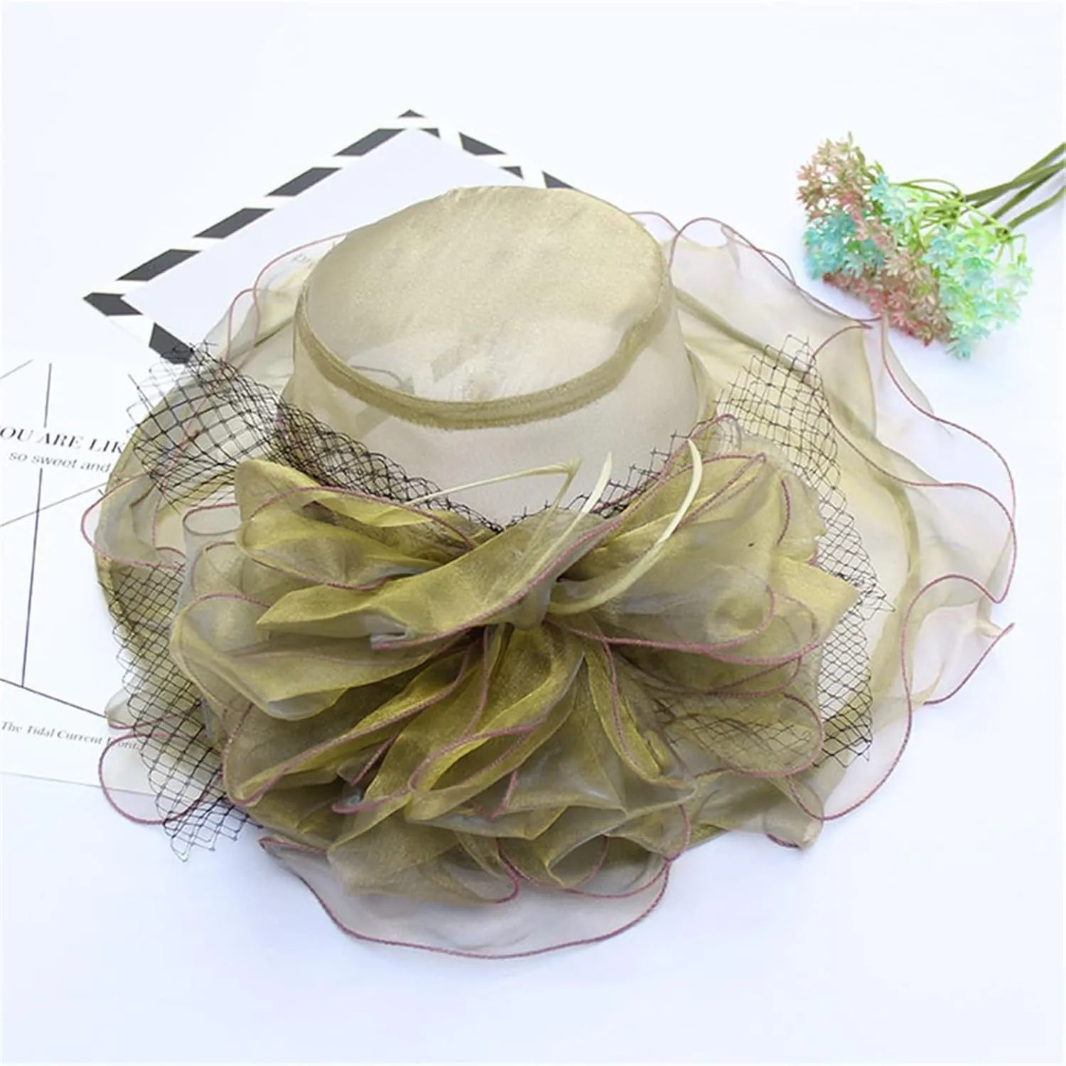 Tea Party Accessories for Women Wide Brim Flower Fascinator Hats Summer Ruffles Cap Sun Bowler