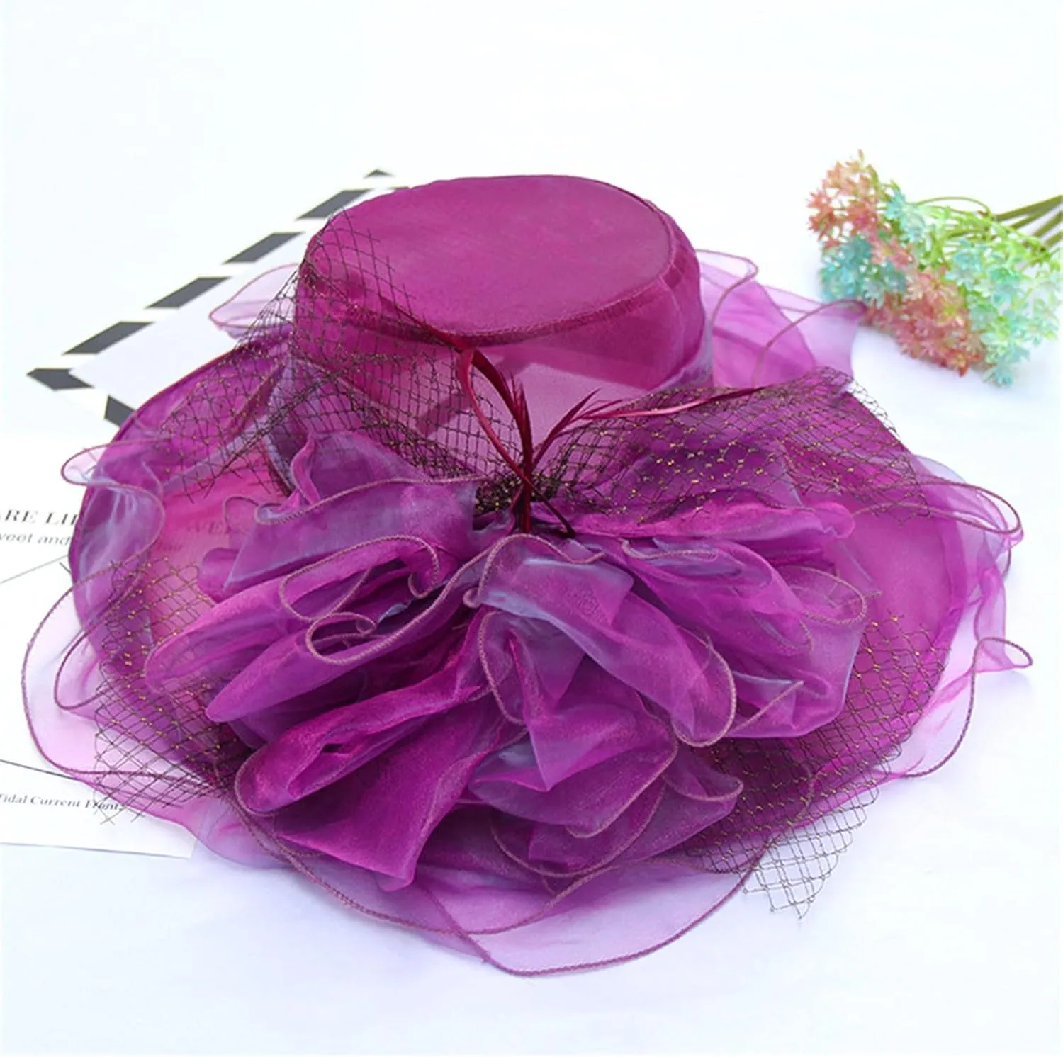 Tea Party Accessories for Women Wide Brim Flower Fascinator Hats Summer Ruffles Cap Sun Bowler