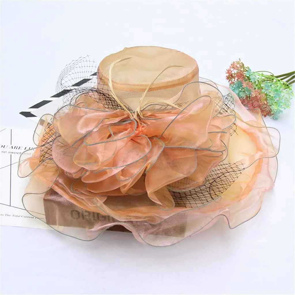 Tea Party Accessories for Women Wide Brim Flower Fascinator Hats Summer Ruffles Cap Sun Bowler