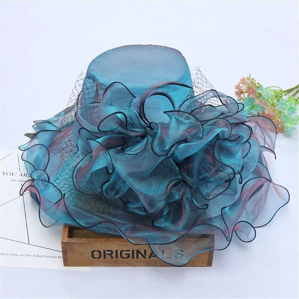 Tea Party Accessories for Women Wide Brim Flower Fascinator Hats Summer Ruffles Cap Sun Bowler