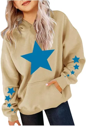 Teen Girl Cute Hoodies Kids Long Sleeve Star Graphic Oversized Sweatshirts Casual Comfy Pullover Athletic Tops