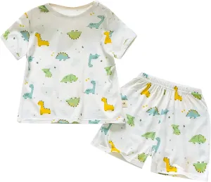 Toddler Boys Girls Short Sleeve Clothing Kids Pajamas Sleepwear Cartoon Strawberry Dinosaur Prints Baby Bows for