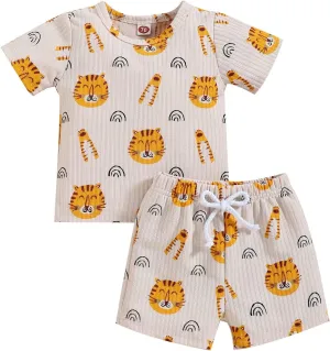 Toddler Boys Girls Short Sleeve Pajamas Set Clothing Children Kids Boy's Sleepwear Cartoon Tops (Beige, 0-6 Months)