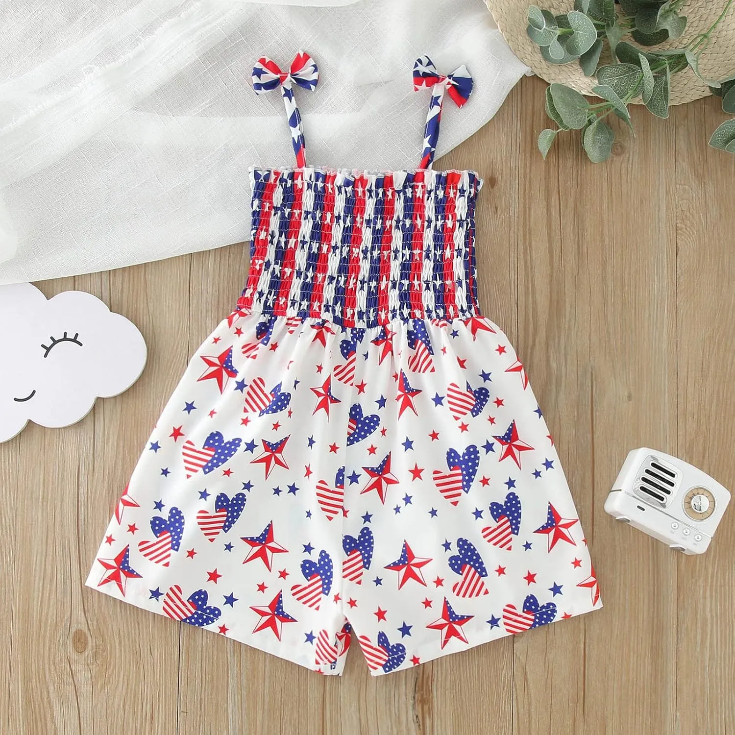 Toddler Girls 4th of July Overall Shorts Sleeveless Tie-Up Strap Halte𝗿 Romper Independence Day Jumpsuit Short