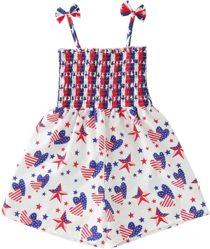 Toddler Girls 4th of July Overall Shorts Sleeveless Tie-Up Strap Halte𝗿 Romper Independence Day Jumpsuit Short