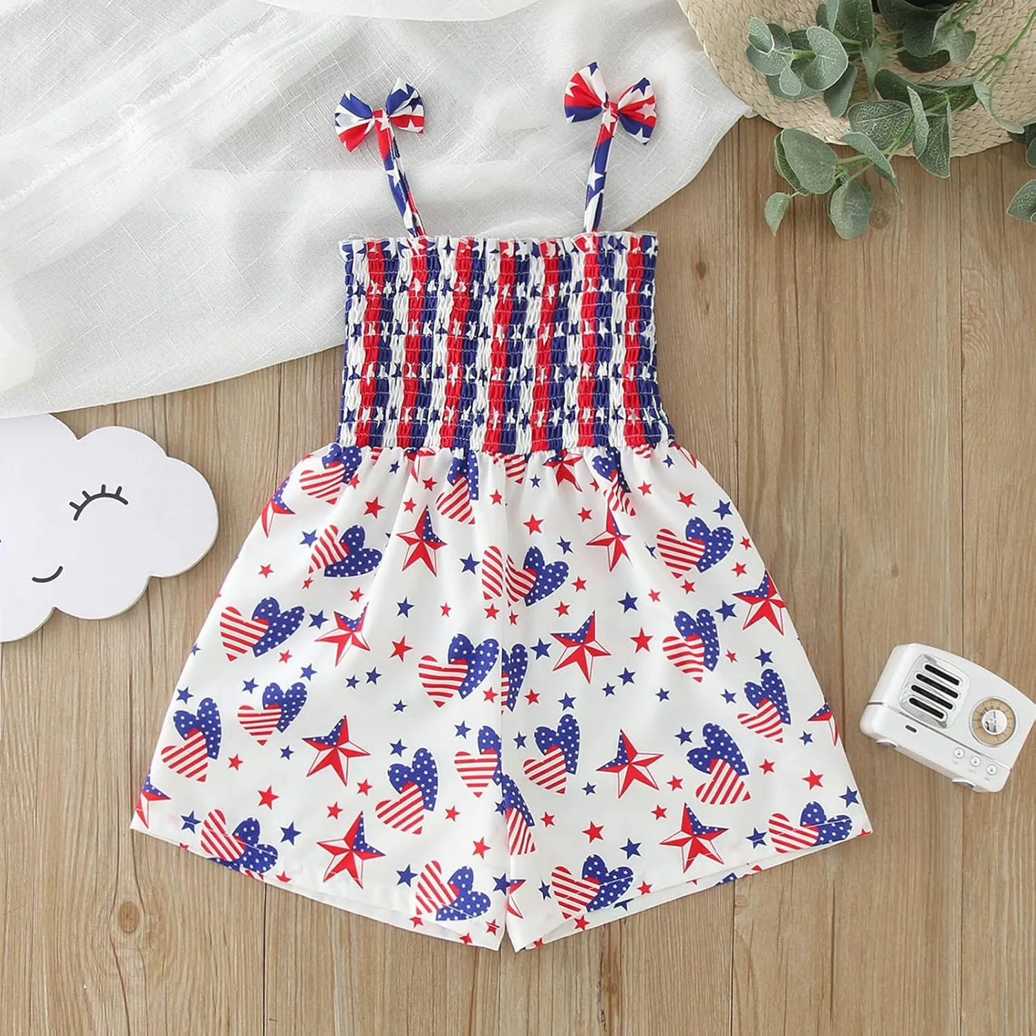 Toddler Girls 4th of July Overall Shorts Sleeveless Tie-Up Strap Halte𝗿 Romper Independence Day Jumpsuit Short