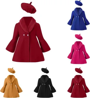 Toddler Kids Girls Wool Blend Pe Coat Winter Trench Jacket Outwear with Beret Hat Girls Peacoat with