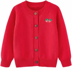 Toddler Little Girl Clothes Knitting Cardigan Sweater Winter Strawberry Print Button Solid Color Knit Jacket