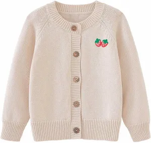 Toddler Little Girl Clothes Knitting Cardigan Sweater Winter Strawberry Print Button Solid Color Knit Jacket
