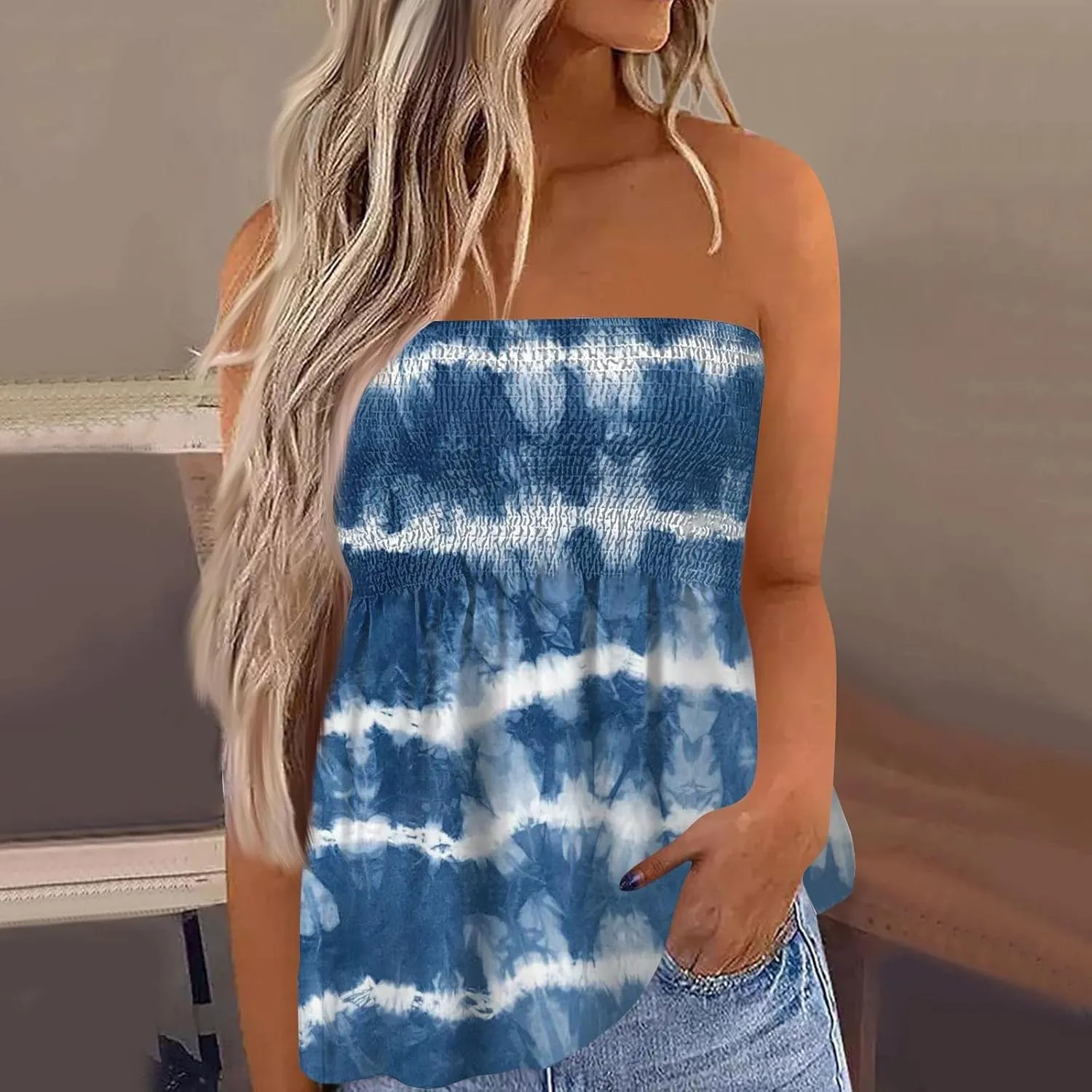 Tube Tops for Women Sleeveless Smocked Ruffled Tanks Strapless Floral Print Tube Tops Lightweight Sexy Bandeau