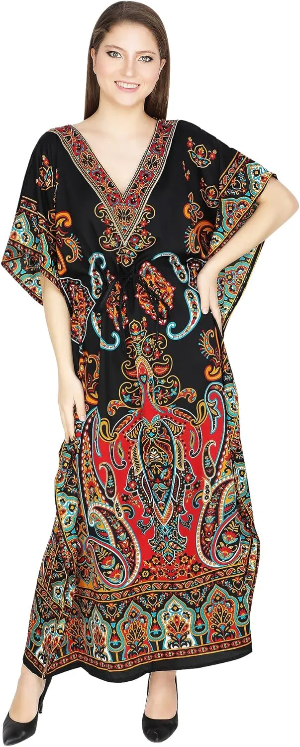 Ukal Women's Kimono Summer Tunic Dress V Neck Cover Up Casual Loose Swing Shift Dresses (Black)