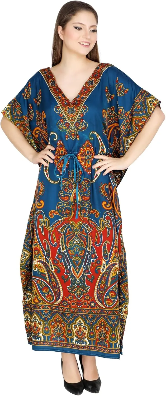 UKAL Women's Kimono Summer Tunic Dress V Neck Cover Up Casual Loose Swing Shift Dresses (Multi Blue)