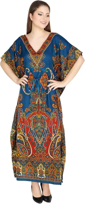 UKAL Women's Kimono Summer Tunic Dress V Neck Cover Up Casual Loose Swing Shift Dresses (Multi Blue)