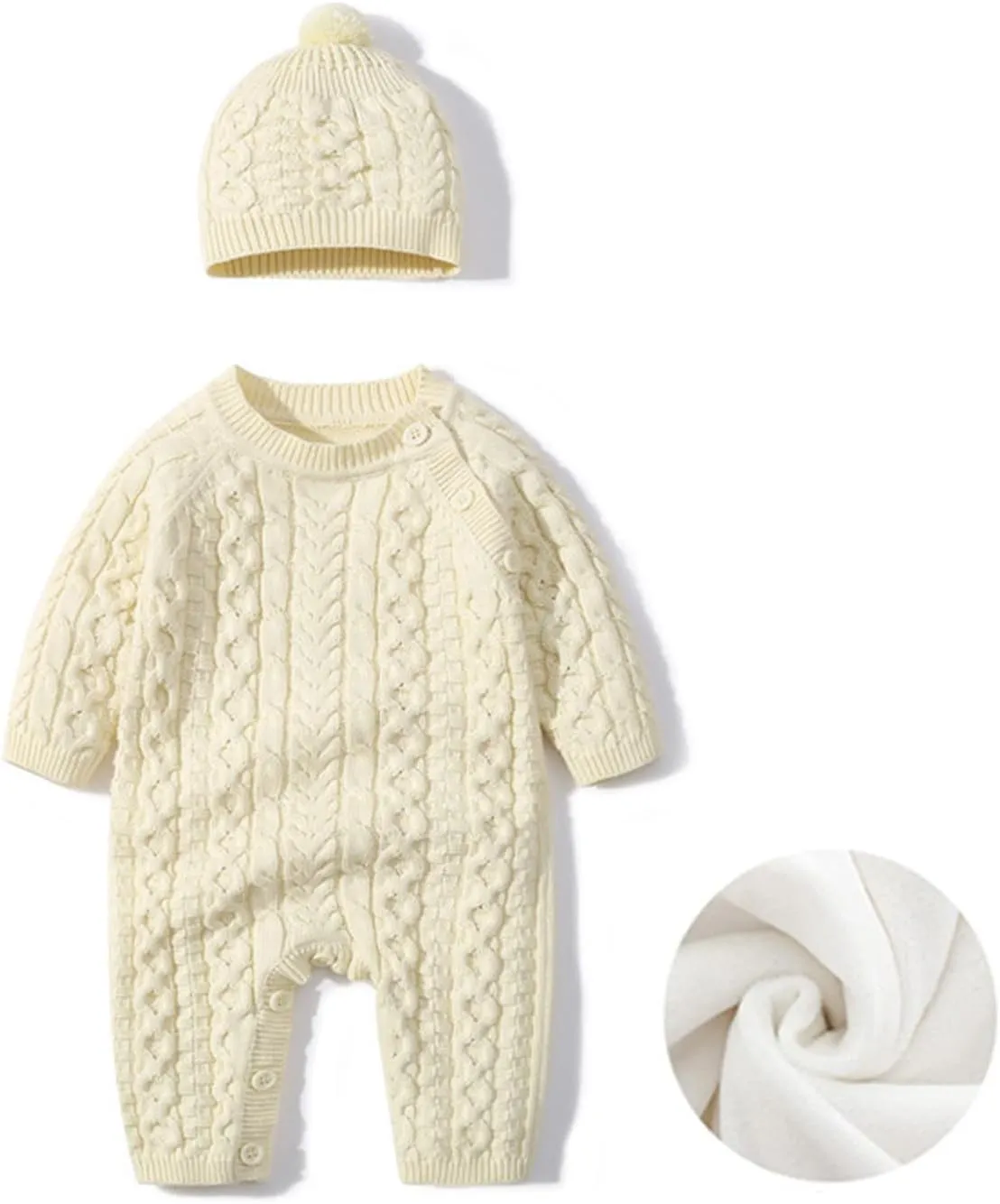 Unisex Baby Girl Boy Knitted Sweater Romper Jumpsuit Long Sleeve Solid Cable Knit Playsuit with Hat Fall Winter Clothes