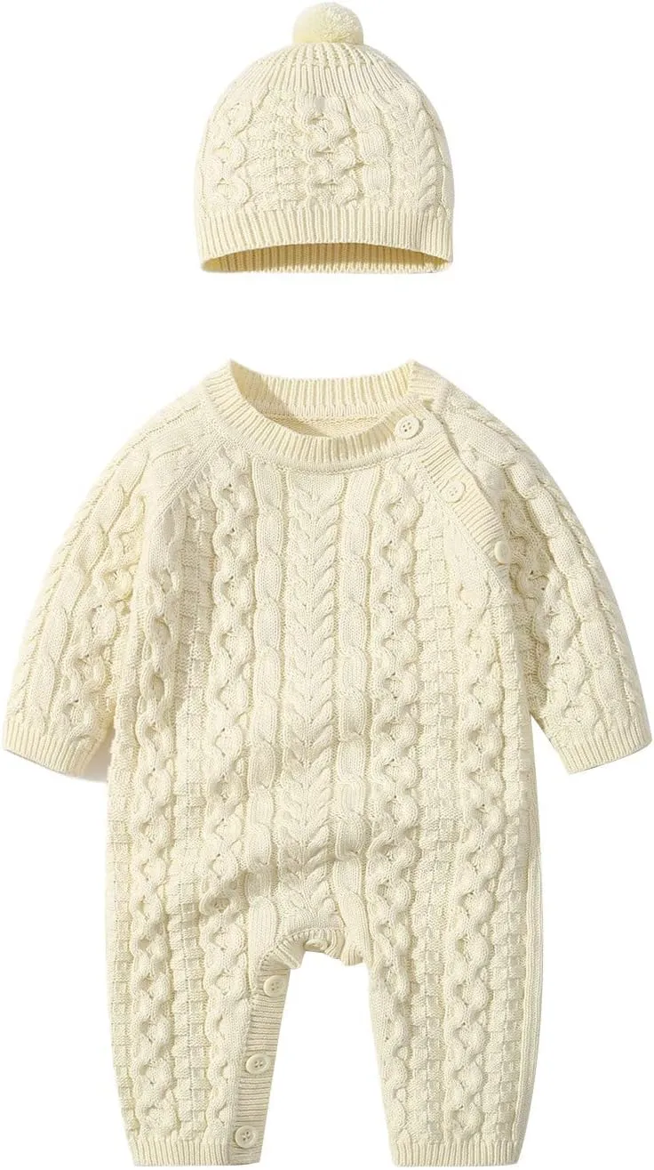 Unisex Baby Girl Boy Knitted Sweater Romper Jumpsuit Long Sleeve Solid Cable Knit Playsuit with Hat Fall Winter Clothes