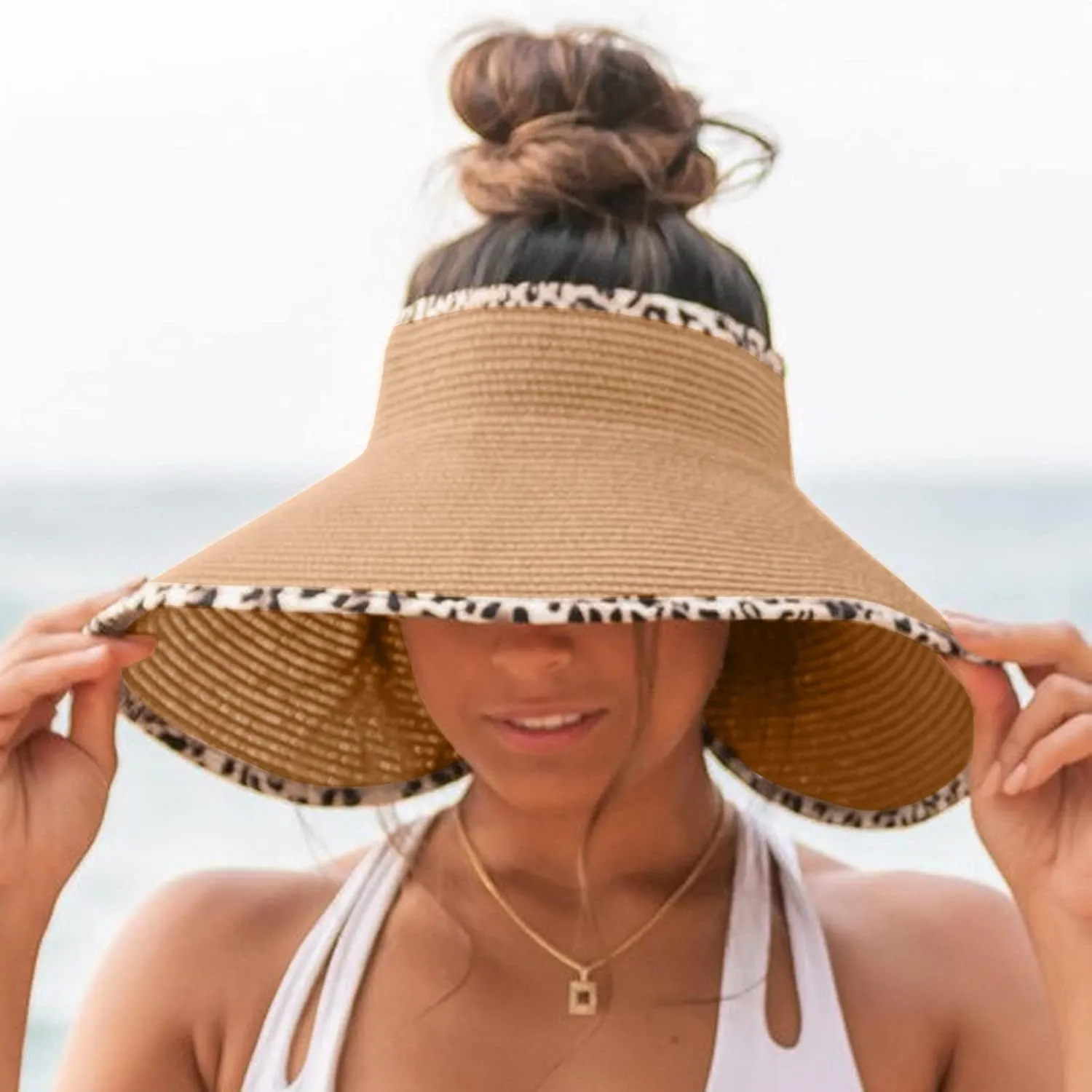 UPF 50  Sun Visors for Women Wide Brim Beach Hat Ponytail Hats for Women Foldable Lightweight Travel Hats