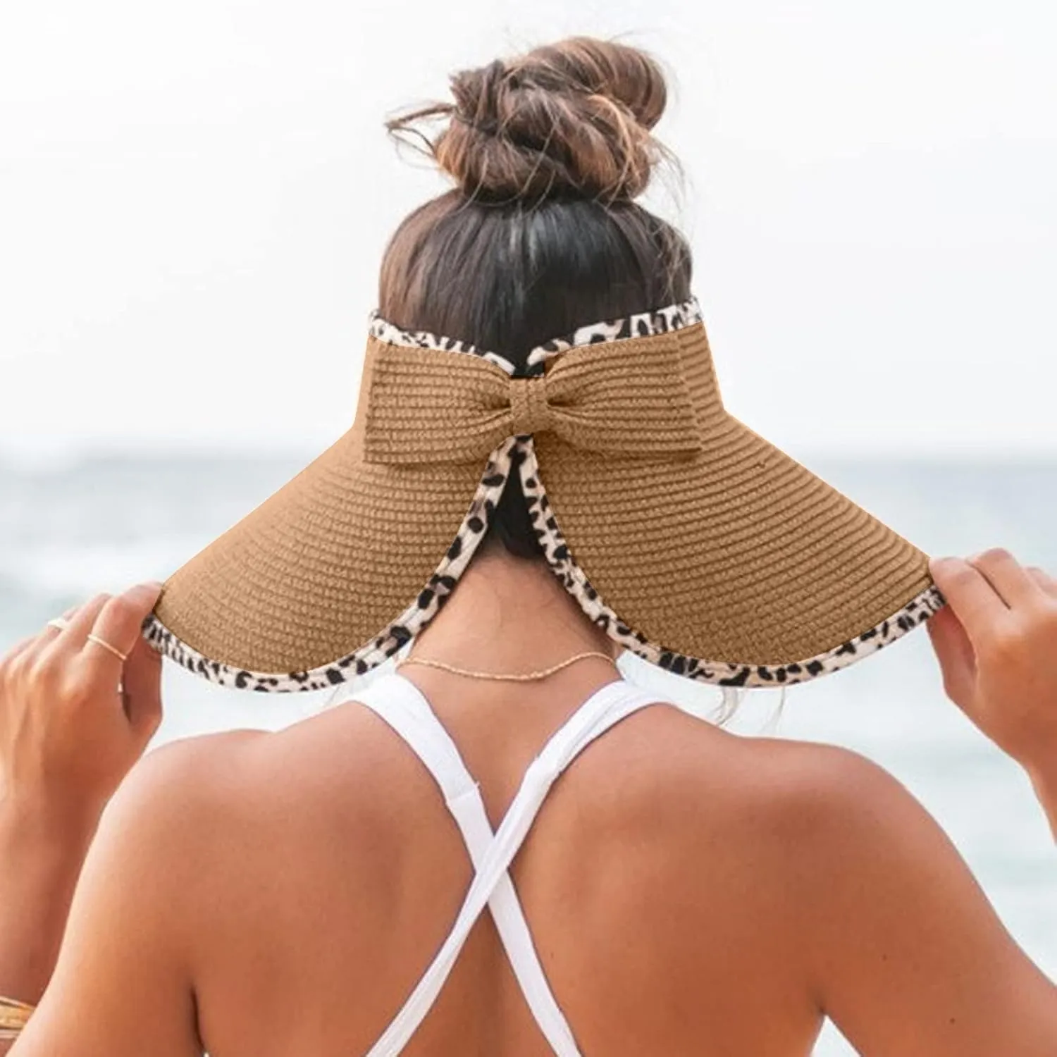 UPF 50  Sun Visors for Women Wide Brim Beach Hat Ponytail Hats for Women Foldable Lightweight Travel Hats