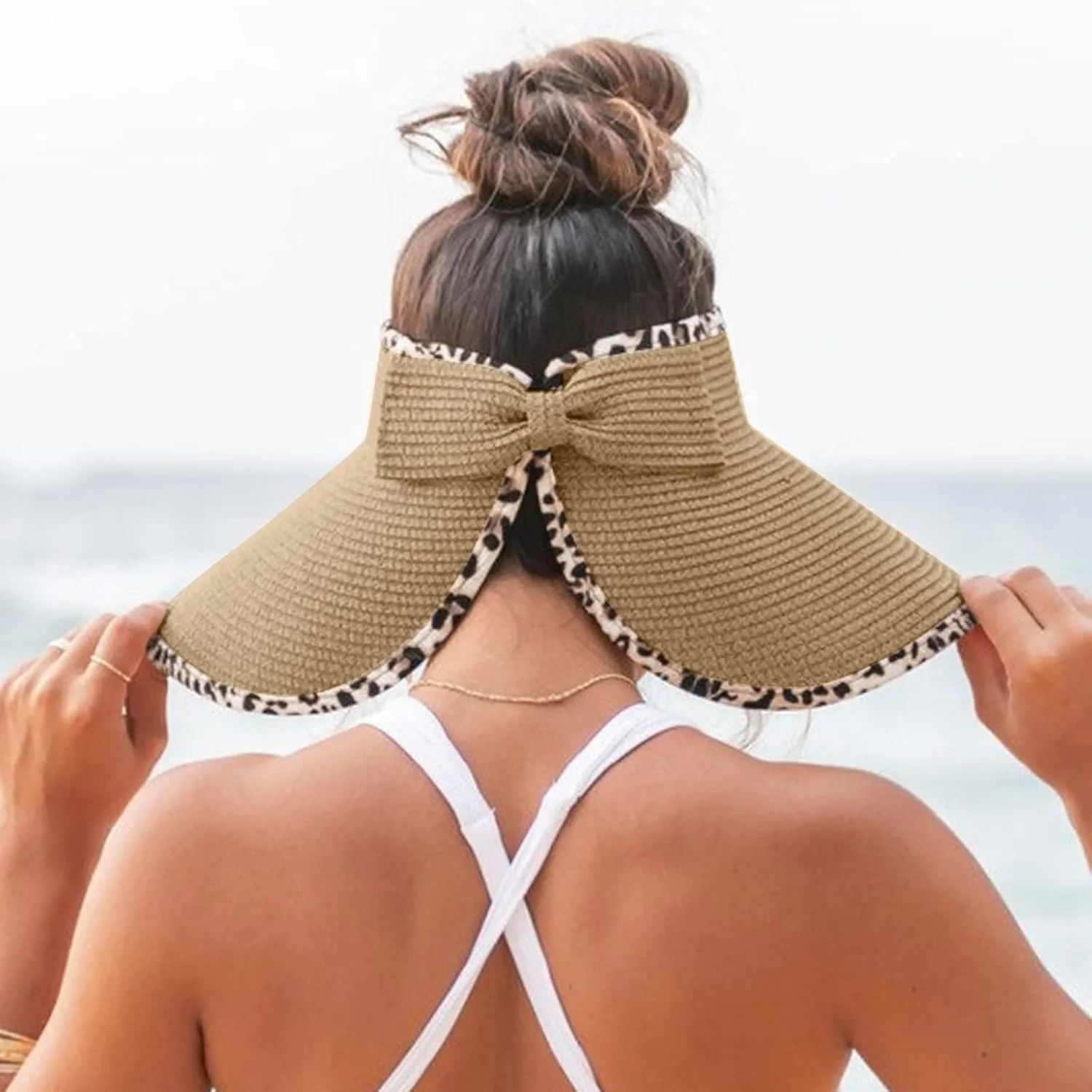 UPF 50  Sun Visors for Women Wide Brim Beach Hat Ponytail Hats for Women Foldable Lightweight Travel Hats