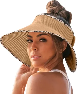 UPF 50  Sun Visors for Women Wide Brim Beach Hat Ponytail Hats for Women Foldable Lightweight Travel Hats