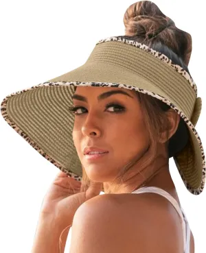 UPF 50  Sun Visors for Women Wide Brim Beach Hat Ponytail Hats for Women Foldable Lightweight Travel Hats